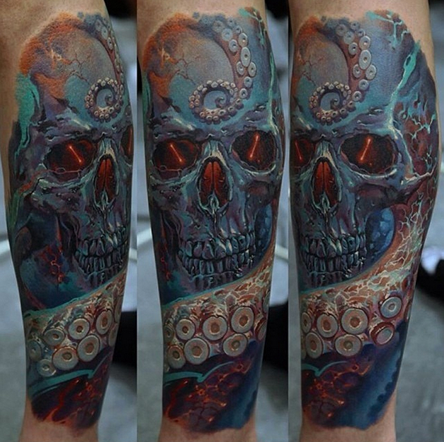 skull and octopus tattoo by Dmitriy Samohin skull and octopus tattoo by Dmitriy Samohin